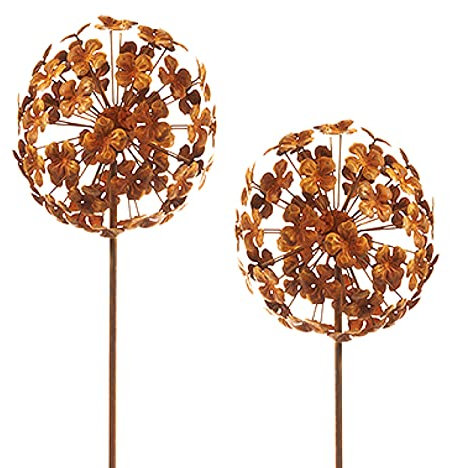 Kobolo Gartenstecker Rusty Flower Ball, 2er Set, 110 cm, Metall in Rostoptik, Blumenmotiv als Blickfang für Garten, Terrasse, Balkon, Vorgarten & Außenbereich