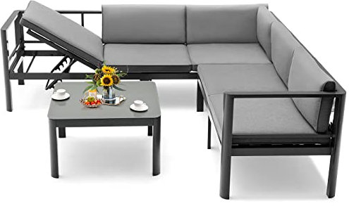 COSTWAY Lounge-Set aus Aluminium, Gartenlounge für 4-5 Personen, Gartenmöbel-Set Sitzgruppe mit Kaffeetisch, Sitzkissen, Ecklounge für Garten, Terrasse und Balkon