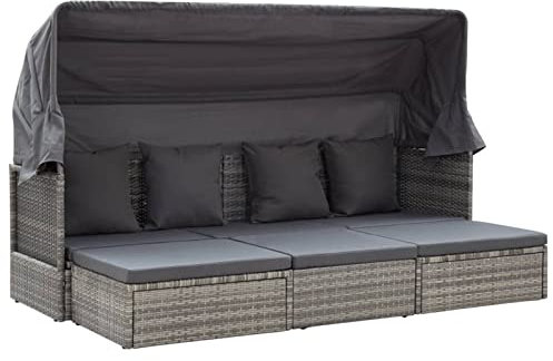 BULANED Gartenbett mit Dach, Liegen, Sonnenliege, Liegeinsel Outdoor, Outdoor Bett, Doppelliege, Gartenliege, Daybed Outdoor, Grautöne Poly-Rattan