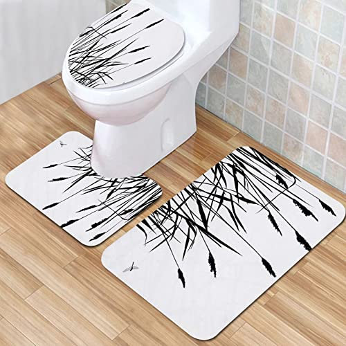 Bathroom Mat, Bathroom Non-slip Mat,Reed Flying Summer Dragonfly During Sunny Day Flower Lawn Anim,Bath Mat Set 3 Pieces Absorbent Non-Slip Bath Mat Toilet Rug Bath Rug f