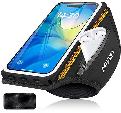 Brazalete Deportivo para Correr con Bolsa de Auriculares, Brazalete Móvil Running Ajustable Porta Movil Running para iPhone 16 Pro MAX 15 Pro 14 13 12 Plus, Galaxy S25 Ultra S24 S23 S22, hasta 6,9