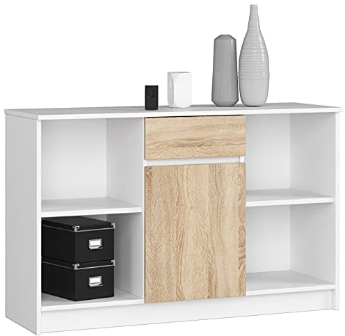 AKORD Kommode B-17 120 cm | 1 Tür und Schublade| für Wohnzimmer Schlafzimmer Schrank Wohnzimmer | Modernes Funktionelles Design | 16 mm laminierte Platte Farbe Weiß/Sonoma