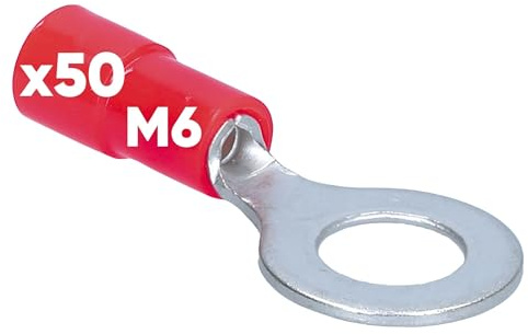 50 Stück Kalitec RKSRM6 Ringkabelschuh 0,5-1mm² I teilisoliert M6 rot I Kupfer I PVC Kragen I zum Verbinden von Kabeln oder Litzen I Kabelschuh I Kabelverbinder I schützt elektrische Verbindungen