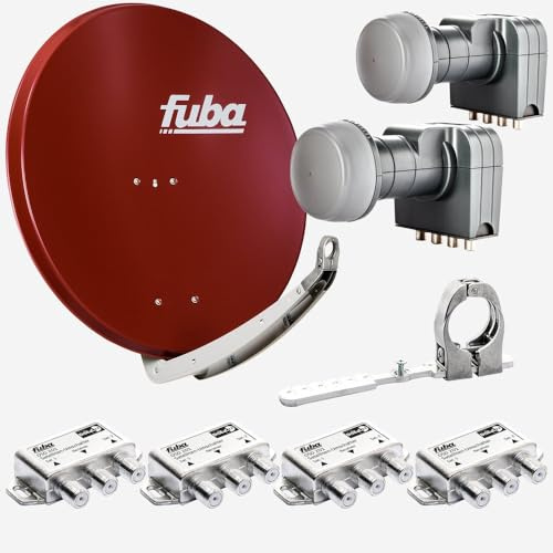 Fuba Sat Anlage 4 Teilnehmer - 2 Satelliten | Satellitenschüssel Komplettset - DAA 850 R Sat-Schüssel 85cm Alu rot + 2X Quad LNB 4 Teilnehmer + Multifeedschiene + 4X DiSEqC-Schalter(HDTV/4K/8K)