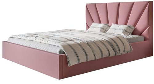 AlpiMeble Polsterbett Denver Slim mit Kopfteil, 120 x 200 cm, Doppelbett mit Bettkasten und Lattenrost aus Holz, Farbe: Rosa, Velourestoff