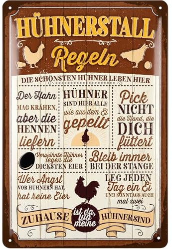 LANOLU Retro Blechschild Hühnerstall-Regeln, Bauerngarten Deko, Hühner Schild, Geschenk für Hühnerliebhaber, Lustige Hühner Geschenke, Hühnerstall Zubehör, 20x30cm