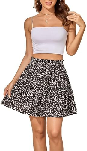BSLVWG Damen Mode Elastische Taille ausgestellter kurzer Rock Floral Print Plissee Mini Skater Rock mit Kordelzug (DE/NL/SE/PL, Alphanumerisch, S, Regular, Regular, Schwarz)