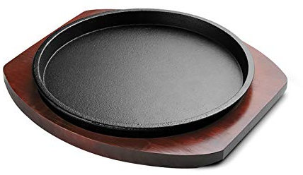 Fuente redonda para chisporrotear con base de madera, fuente para carne con cubierta de acero inoxidable-24 cm