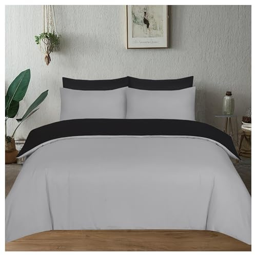 J.Din Single Grey and Black Reversible Duvet Cover Bedding Set | Plain Dyed Soft Brushed Microfiber Quilt Cover Sets with Matching Pillow cases