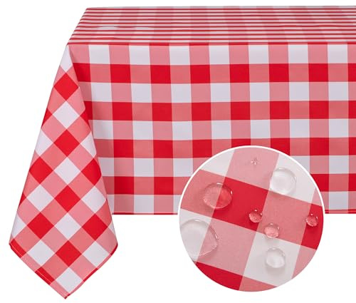 DWCN Karierte Tischdecke Outdoor Wetterfest Abwaschbare Fleckschutz Wasserdicht Garten Tischdecken für Weihnachten Draußen Picknick Esszimmer Party Hochzeiten Frühling, Rot und Weiß, 130x160cm