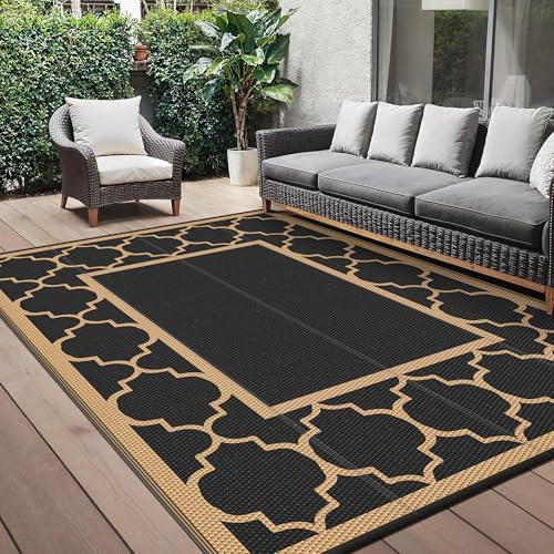 GENIMO Outdoor Rug 180x275cm,Garden Rugs Waterproof Reversible Plastic Carpet, Washable Large Outdoor Rug for RV, Patio, Camping, Picnic, Deck, Camper,Black & Brown