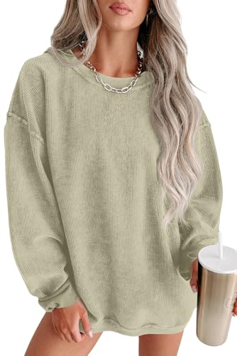 QIXING Damen Sweatshirt Oversize Pullover Rundhals Baumwollpullover Langarm Cordpullover Tops Herbst Mode Outfits 2025(Hellgrün, M)