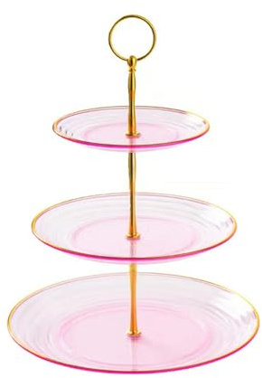 Supporto per cupcake a 3 livelli Wagoodter Supporto per cupcake da dessert in plastica per servire cupcake, frutta, cioccolatini e altro ancora (Rosa)