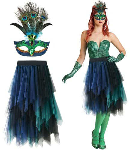 2 Stück Pfau Kostüm Damen, Pfau Maske und Blau Tüllrock, Damen Rock Tüll Asymmetrisch Röcke für Halloween Karneval Fasching Mottoparty Cosplay Maskenball
