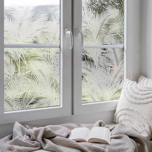 ChicSkin Modern Botanical Etched Glass Window Privacy Film, Thickened Decorative White Window Film Privacy for Living Room, Floral Shadow Palm Leaf Cling 15.74X32.28X2PCS