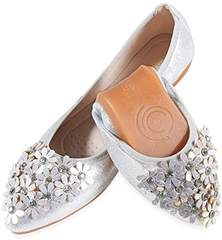 YOUNIFIZ Ballerine da donna, elastiche, pieghevoli, portatili, con perline luccicanti, Fiore Argento, 38 EU