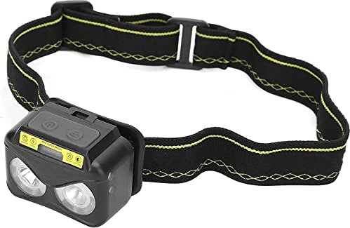 Camping Essentials, lampe frontale LED avec capteur de lumière puissant, lampe frontale d'extérieur, voyant d'avertissement rouge et bleu, batterie intégrée, lampe frontale rechargeable par USB, lampe