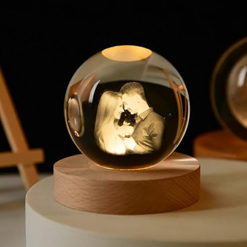 Foto di cristallo personalizzato,lampada a sfera di cristallo luminosa, creative lighting sfera,lampada da notte con base in legno (luz blanca,6cm)