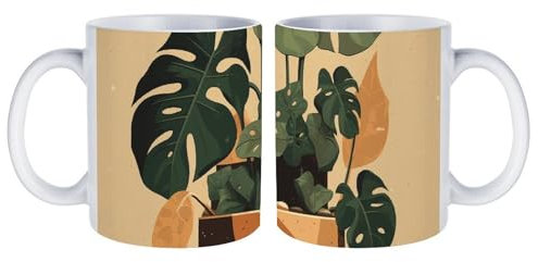 LDTVSFZQ Gray Monstera Plant Ceramic Mug, Soup Mugs with Handles Microwave Safe Mug to Decorate Large Glossy Ceramic Coffee Mug White Tea Cup for Office And Home