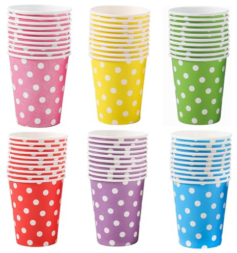 Hikrxya 60 Piezas Vasos de Papel de Colores con Puntos - 250 ml Multicolores Desechables Vasos de Cartón Vasos Desechables Biodegradables para Fiestas, Bodas, Café, Té y Bebidas Frías y Calientes