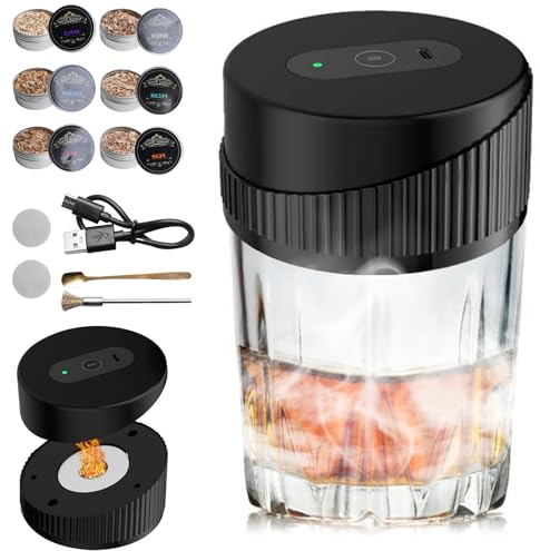Elektrischer Cocktail Smoker Kit, Whisky Smoker Set USB-C wiederaufladbar Räucherset mit 6 Holzchips Cocktail Zubehör für Bourbon Wein Kaffee - Geschenk für Männer, Cocktail-Liebhaber