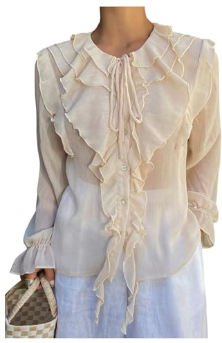 GORGLITTER Women's Boho Ruffled Tops Chiffon Long Sleeve Peasant Blouses Sheer Button Up Shirt Tie Front Going Out Outfits Beige Medium
