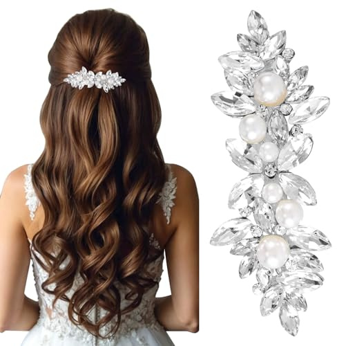 LunarCharm Strass Haarspangen mit Perle, Silberne Braut Haarschmuck für Frauen, Funkelnde Kristall Haarnadeln, Ausgefallene Blumen Haarspangen für Hochzeit, Braut, Lange Haare