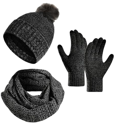 Enwokran Berretto Pom Beanie Lavorato a Maglia da Donna Guanto Touch Screen Sciarpa Lunga Elasticizzata Calda Sciarpa Rotonda e Set Guanti TouchScreen, Regalo per Uomo Donna (Grigio scuro)