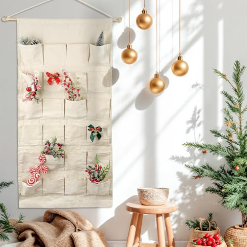 Fabric Christmas Advent Calendar with Pockets,Christmas Advent Calendar,Reusable Natural 24 Days Countdown Advent Calendar Hanging Storage Bag for Xmas Holiday Home Wall Decoration