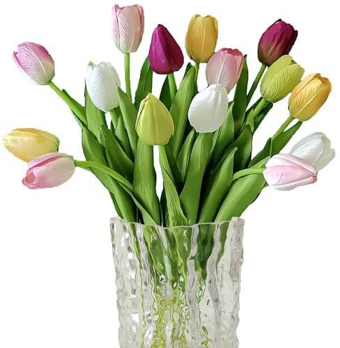 AOLOSA 12pcs Tulips Artificial Flowers Real Touch Silk Faux Flowers Tulip Stems for Wedding Spring Bouquet Floral Arrangement Home Party Office Decorations (White Pink Yellow Green)
