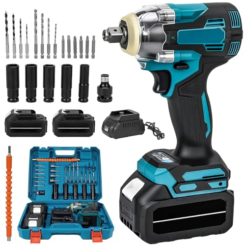 Clé à Chocs Sans Fil avec deux batteries, 21V Electrique 3 en 1 Visseuse, 1200N.m Boulonneuse à Choc Electrique, 6700RPM, avec lumière LED, 5 Douilles à Chocs, pour Maison/Voiture/DIY (1200N.m)