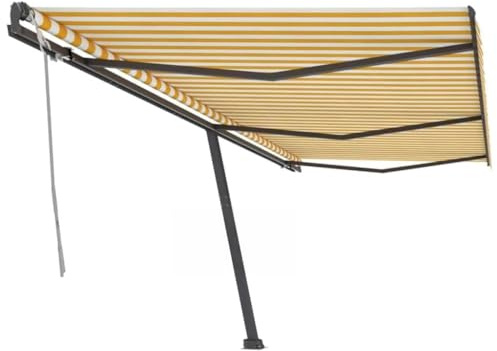 HaoChrymec Standmarkise Manuell Einziehbar mit Pulverbeschichtetem Aluminium, Anpassbare Höhe und Winkel, Sonnenschutz für Balkon, Freistehende Markise, Markise Einziehbar, Gelb/Weiß, 600x300 cm