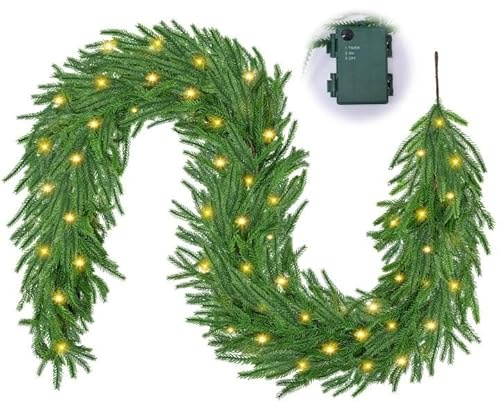 182 cm Guirnalda Navidad con Luces: Guirnalda de pino artificial con 30 luces LED, temporizador, Guirnalda de Vegetación Artificial Para Mesa, Manto, Pared, Decoración de Grinalda Natal