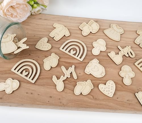 HOLDLEAF 80 Stück Babyparty Tischdeko Holz – Oh Baby Deko mit Herz & Regenbogen Motiven – Natürliche Konfetti Deko für Geburt, Babyparty & Feier