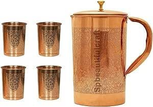 HRS India Pichet à eau en cuivre pur en relief Motif fleur 1500 ml, 4 gobelets en verre 300 ml