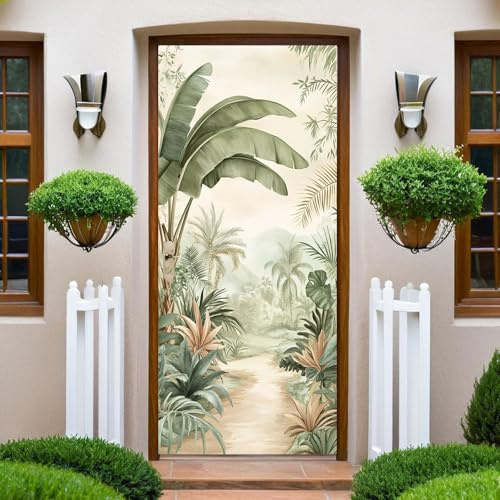 Rétro Sticker Porte Intérieure 3D Trompe-l’Œil feuilles de bananier de la jungle 83x204 cm Autocollant Porte PVC Auto-adhésif Imperméable Décoration Maison