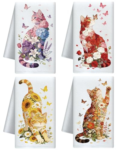CUTHOLLOW 4er-Set Geschirrtücher mit Bunte Blumenkatze Motiv - Weich & Saugfähig - Deko Trockentuch Microfaser für Küche, Tee, Kaffee, Bar, Zuhause, Einweihung, Geburtstag