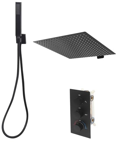 Ensemble de douche encastré avec douche à effet pluie 40 x 40 cm, kit complet avec douchette à main, pour salle de bain, hôtel (noir, 40 cm)