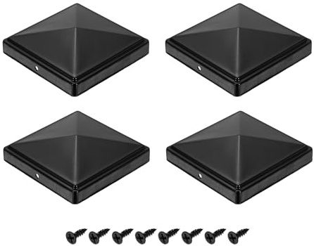 sourcing map 4Pcs Fence Post Caps, 4.8 x 4.8 Heavy Duty Pyramid Post Cap Cover with Screw Top Pressure Fit for Metal Wood Fence Deck Mailbox Patio, Black
