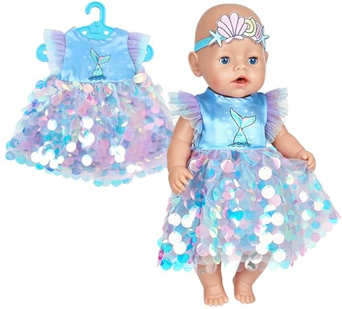 Puppenkleidung für 35-43cm Baby Puppen, Meerjungfrau-Outfit mit Paillettenkleid Haarband und Kleiderbügel für 43cm Puppen, 14-17 Zoll Blau Niedlich Babypuppen Kleidung Geschenke für Kinder