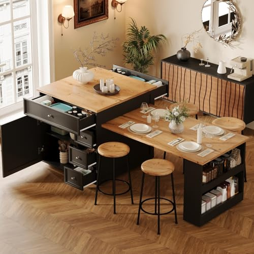 YEHTOKHOME Isla Central Cocina con encimera extensible 120-184 cm, mesa de bar con almacenamiento, 5 cajones y estantes ajustables, para 4-6 personas comedor (negro-7)