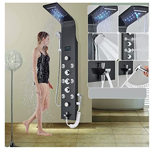 Digitalt duschsystem, Svart LED-duschpanel Sex funktioner Vattenfall duschpanel Badrumskran Badrum SPA Massage Jet Badkar Mixer Massagespruta LED-display duschkontroll(8009 Black)