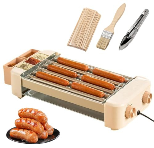 Máquina de Rodillos para Hot Dogs de 550W, Parrilla Eléctrica de Encimera 3 en 1 con Temperatura Ajustable de 120 a 250℃ y 6 Rodillos Antiadherentes, Cocedor de Salchichas para Restaurante, Hogar