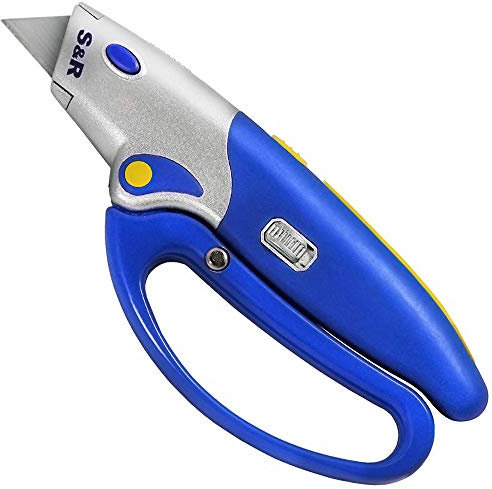 S&R Automatisches Profi Teppichmesser 175mm, praktische Mechanik zum Ein- und Ausfahren der Klinge, Handschutz, Cuttermesser Klinge aus SK5 Stahl, Klingenwechsel per Knopfdruck, 5 Klingen