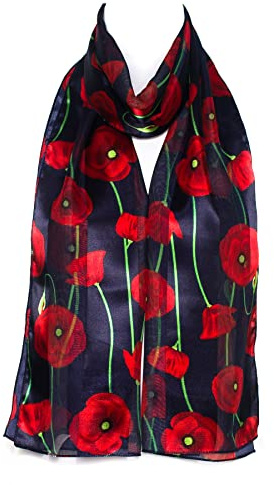 Hat To Socks Rememberence Day Poppy Print Premium Chiffon Satin Scarf for Women - Korean Made Lightweight Sheer Fashion Wrap, Soft Elegant Shawl for All Seasons (Navy)
