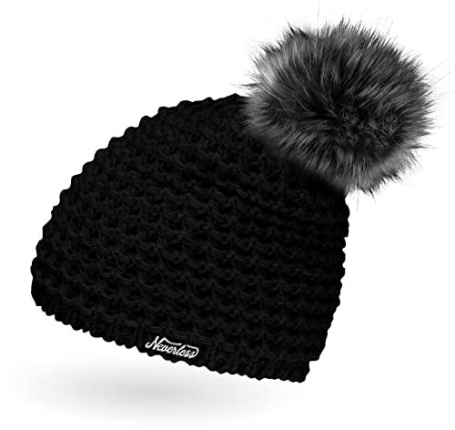 Neverless® Damen Strickmütze Perlstrickmuster Pudelmütze Wintermütze ohne Umschlag mit Fleecefutter und Kunstfellbommel Model 1978 Schwarz Unisize