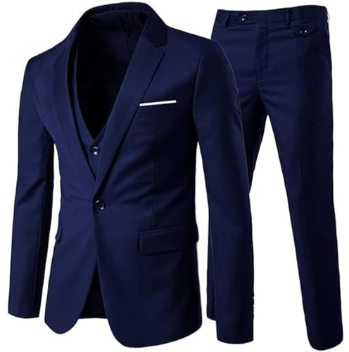 Allthemen Herrkostym 3 delar slim fit kostymer business bröllop män, Marinblå, M
