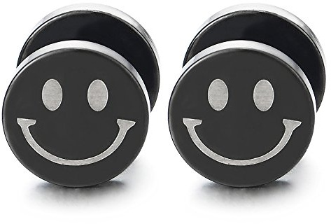 10MM Nero Cerchio Volto Sorridente Orecchini da Uomo Donna, Finto Dilatatore Fake Cheater Plug Gauges, Acciaio, 1 Paio