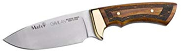 Muela Cuchillo GAVILAN hoja de acero ACX-380 de 12,5 cm y empuñadura de madera de haya estabilizada para Caza, Pesca, Supervivencia y Bushcraft Realizado en Ciudad Real + Portabotellas de regalo