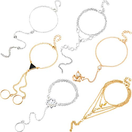 Syhood 6 Piezas Pulsera de Anillo de Cadena Pulsera y Anillo de Dedo Enlazado Pulsera Anillo de Cadena Esclava Ajustable Arnés de Mano Adjunto para Mujer Niña